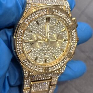 NWOT Iced -out Gold Over Copper Stainless Steel CZ Stones 44mm Watch.